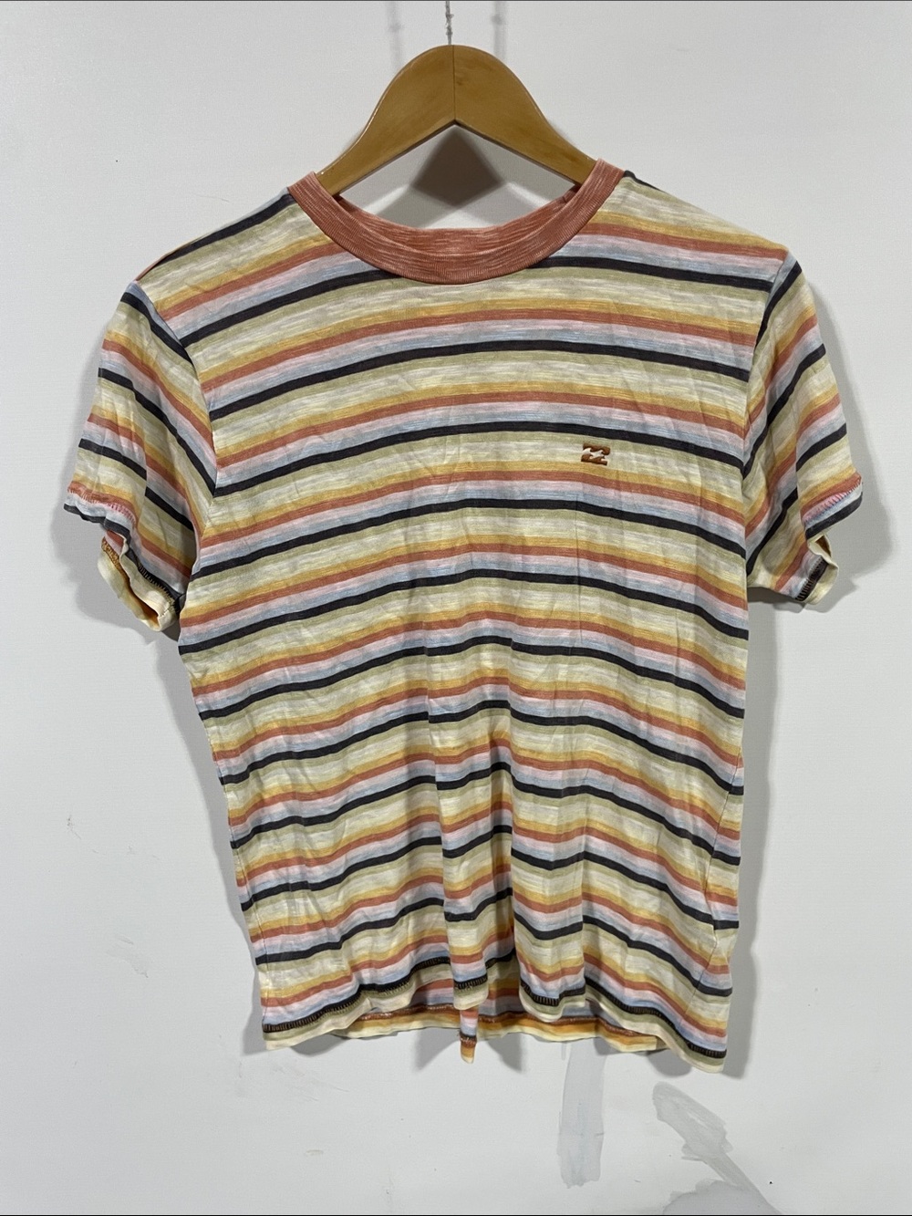 Billabong Striped Short Sleeve Tee in Pink, Yellow and Blue